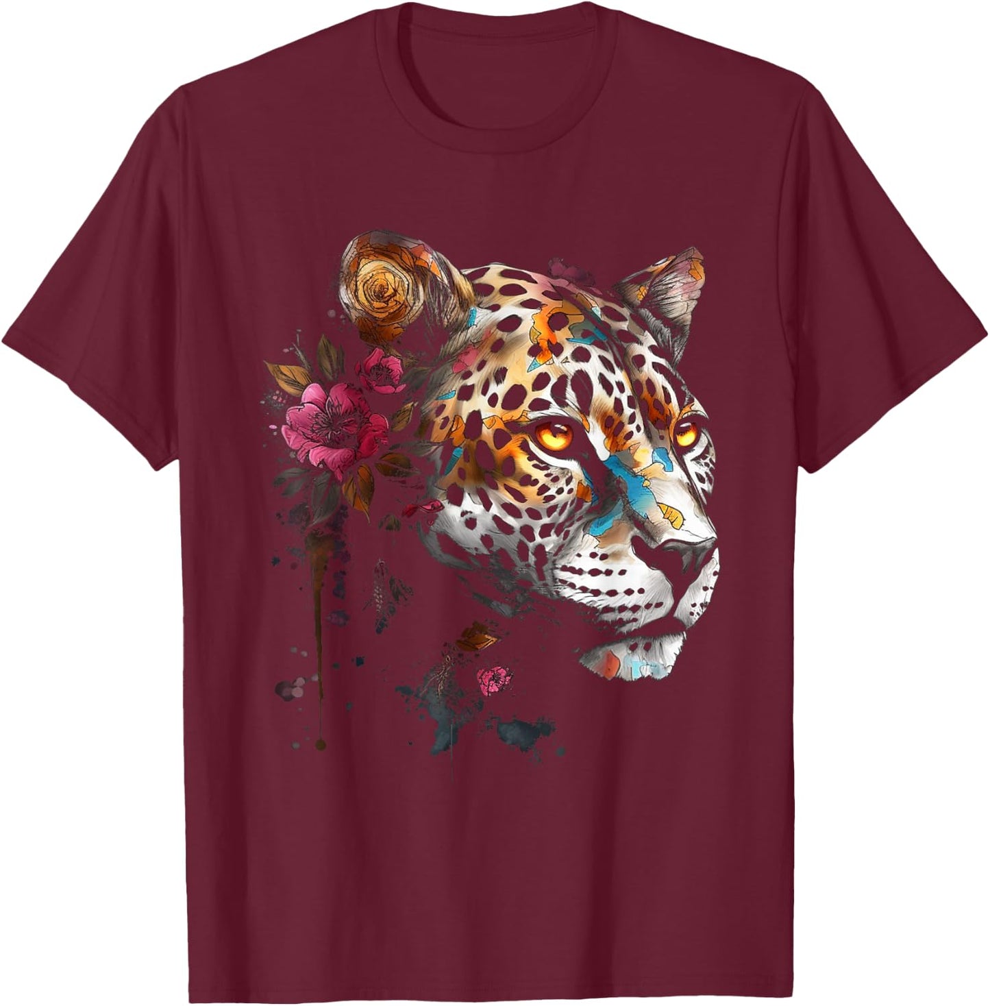 Leopard Blumen Kunst - Tier Leopard T-Shirt - T-Shirt | Maroon