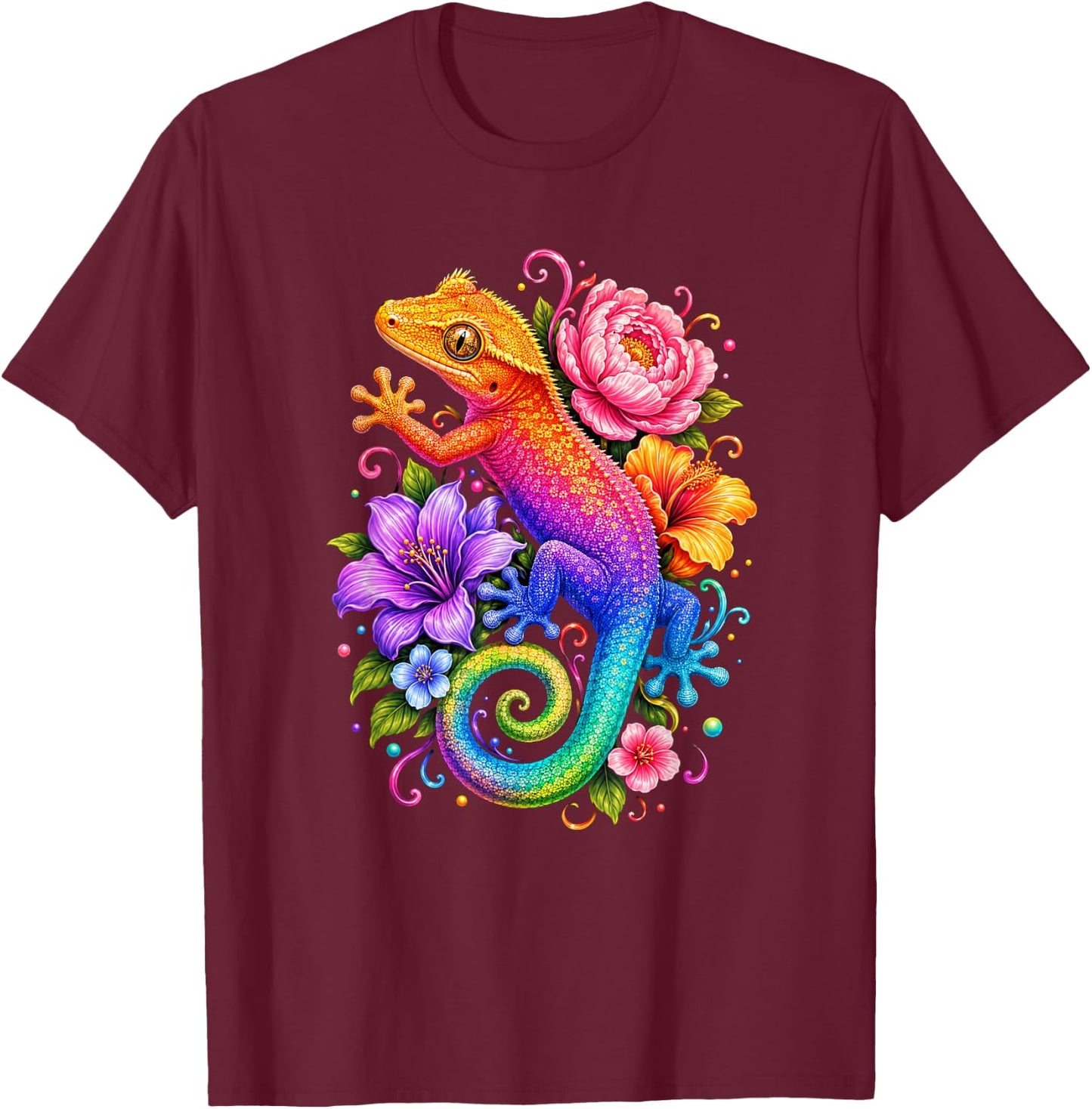 Cute Colorful Crested Gecko Flowers Rainbow Women Girls Kids T-Shirt - T-Shirt | Maroon