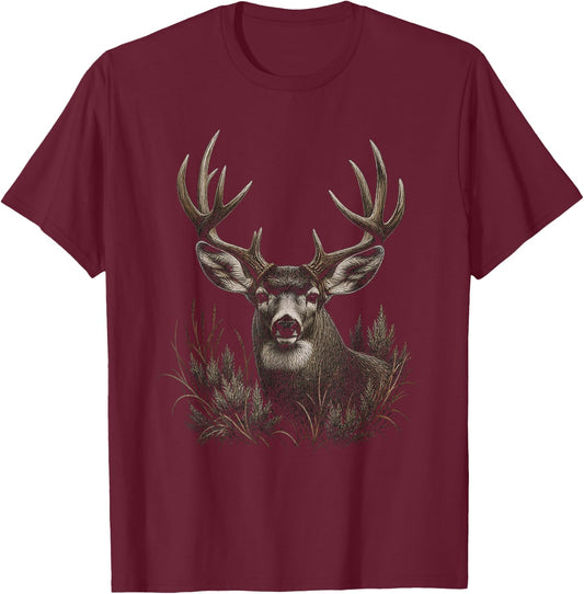 Mule Deer Graphic Artwork Design T-Shirt - T-Shirt | Maroon