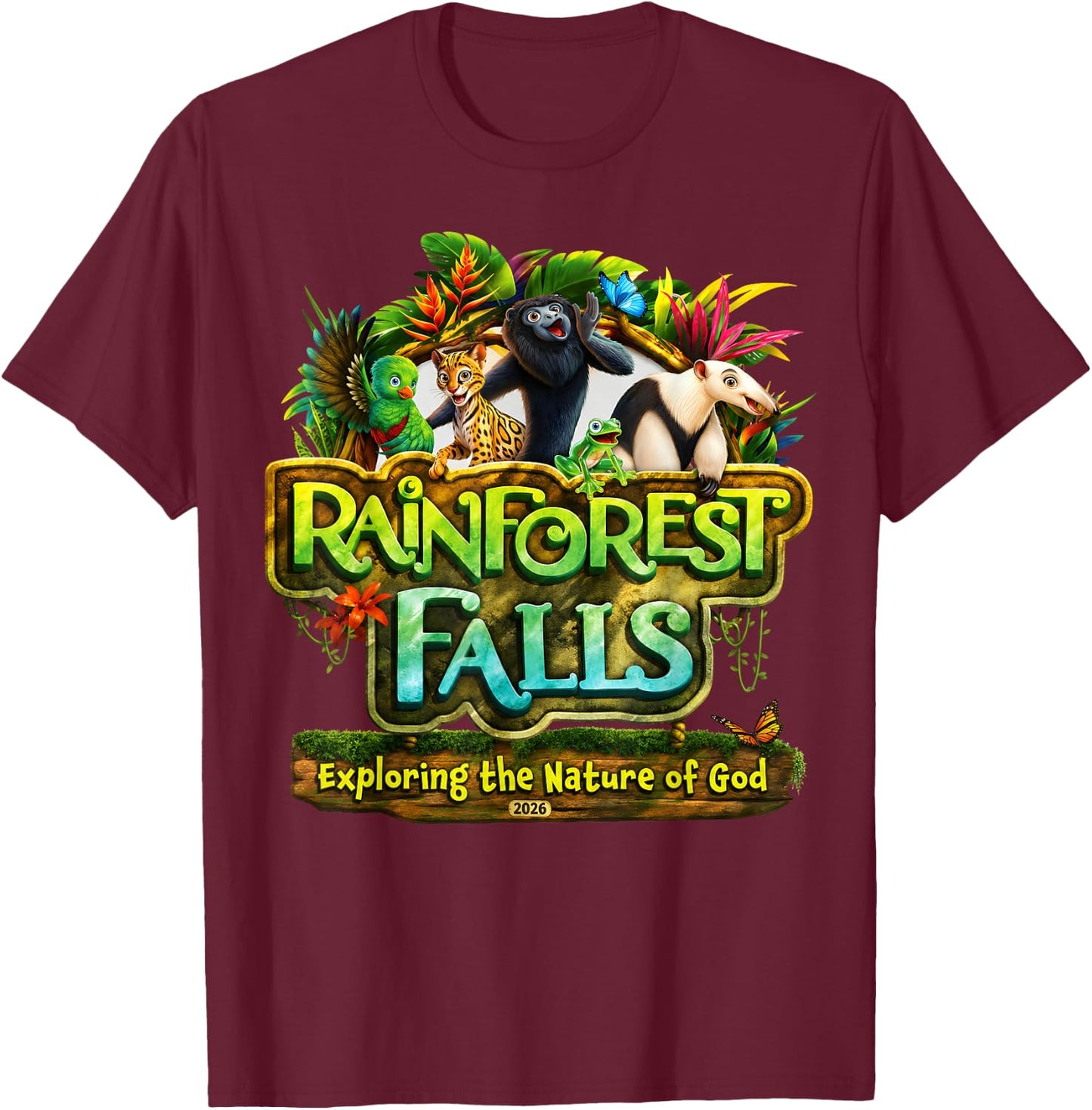 VBS 2026 Rainforest Falls Exploring The Nature of God Kids T-Shirt - T-Shirt | Maroon