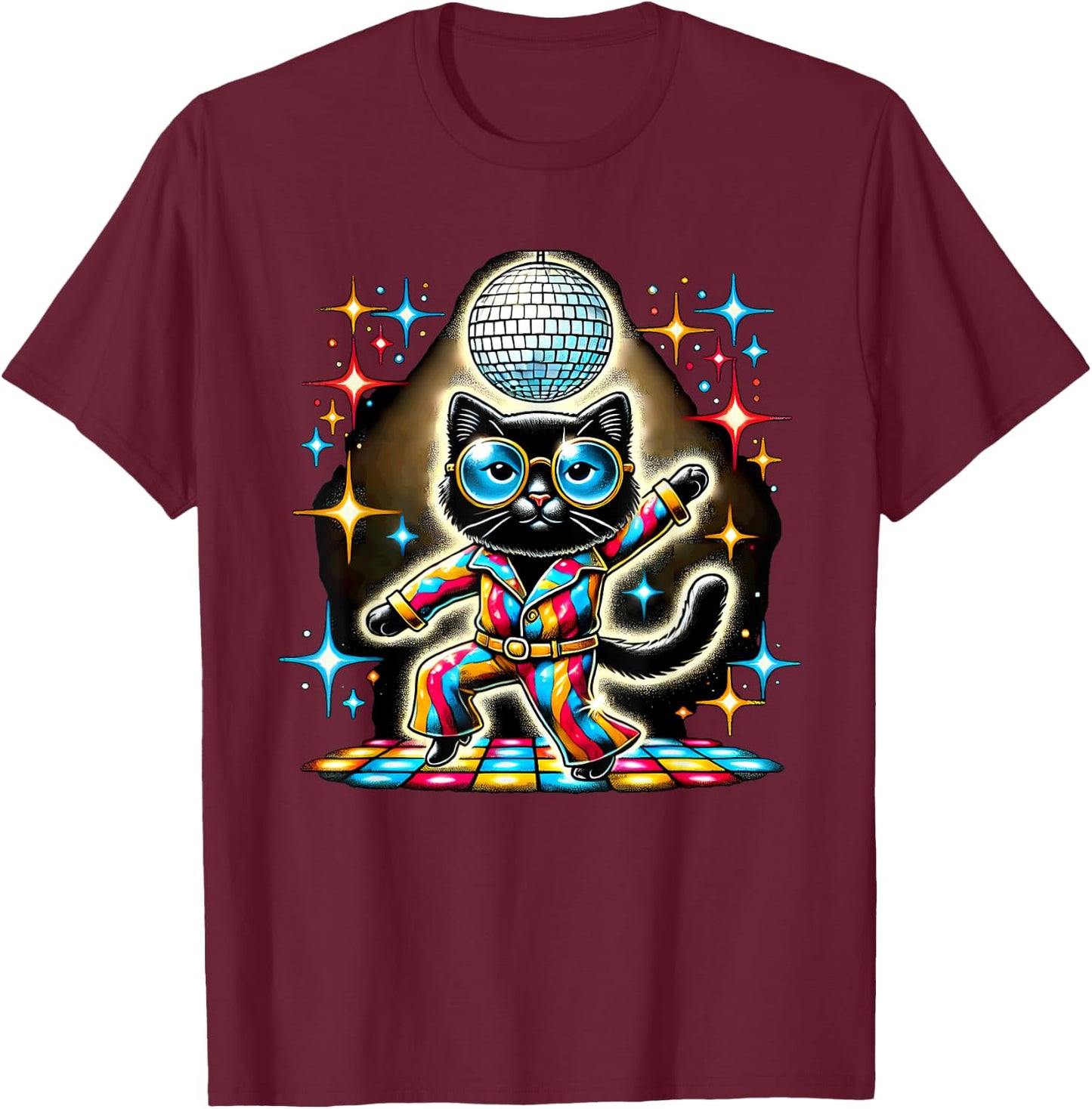 Aesthetic Black Cat Disco T-Shirt - T-Shirt | Maroon