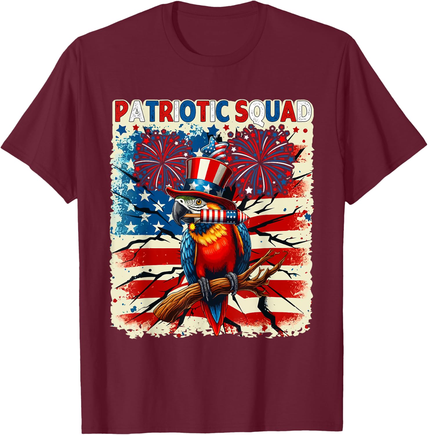 Patriotic Squad Parrot 4th Of July Fireworks US Flag Lover Kids Men T-Shirt - T-Shirt | Maroon