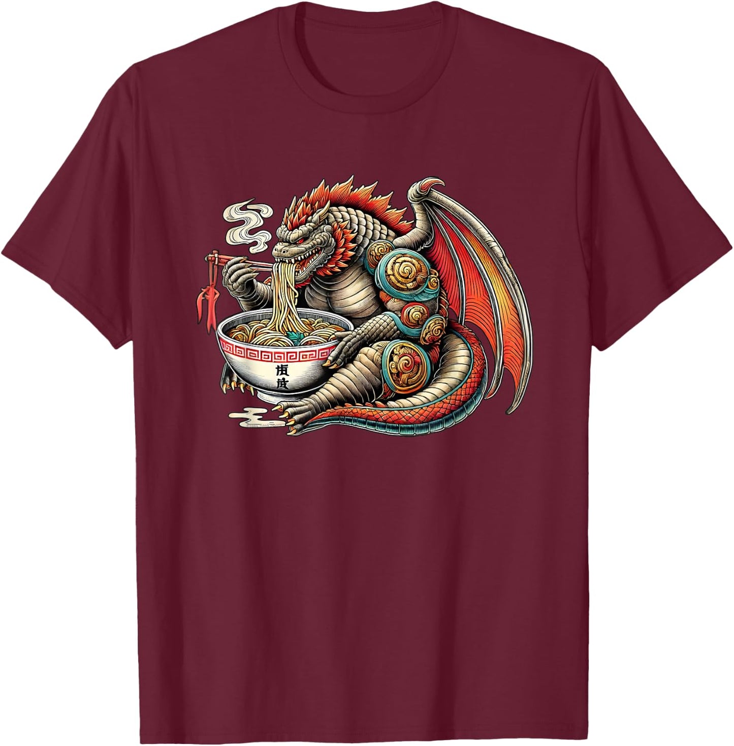 Funny Kaiju Dragon Eating Ramen Japanese Monster T-Shirt - T-Shirt | Maroon