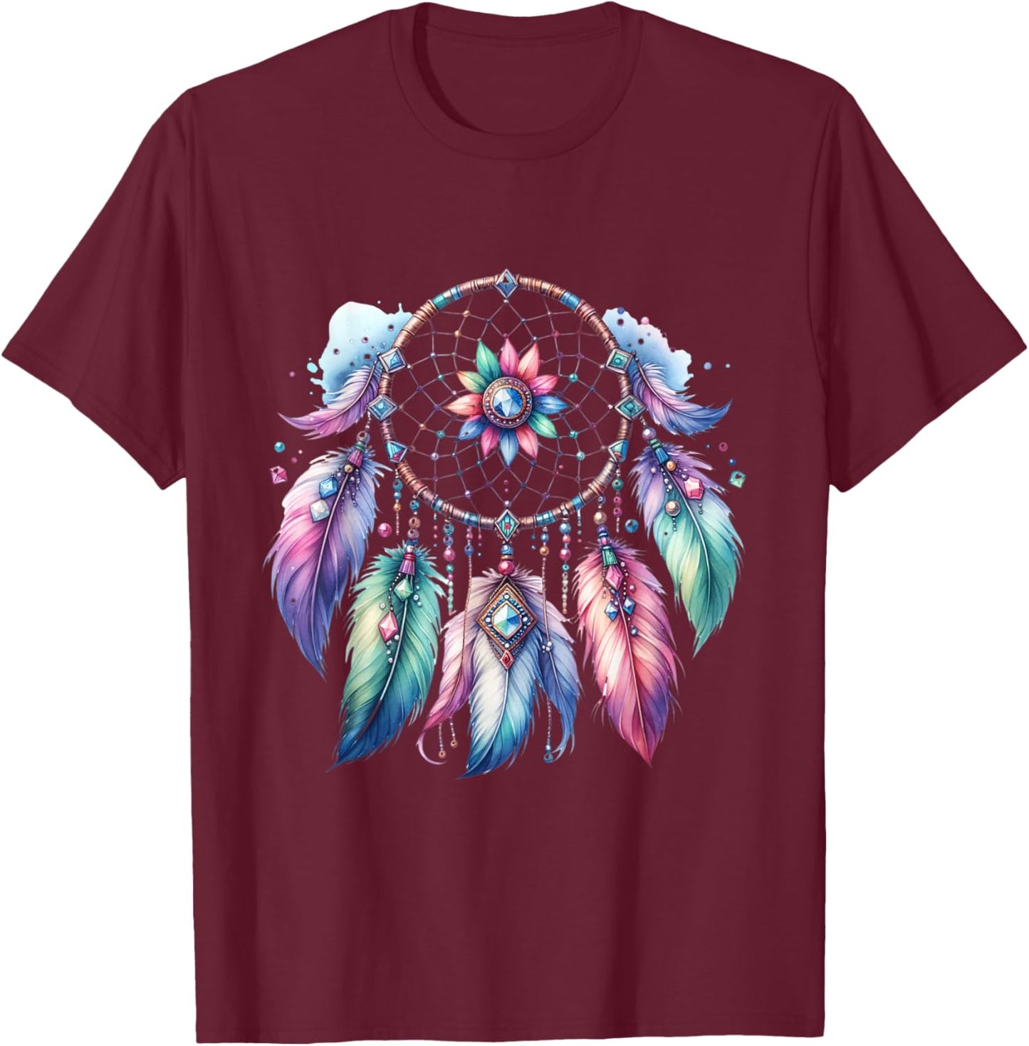 Dream Catcher Boho Feathers Indian Colourful Hippie Esoteric T-Shirt - T-Shirt | Maroon