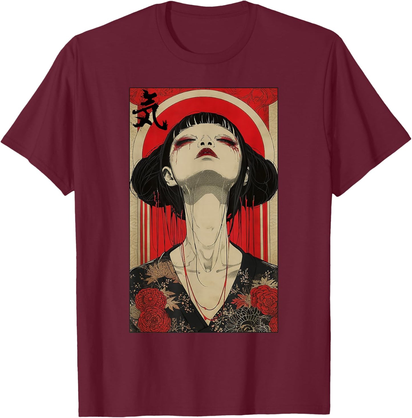 Japanische Geisha Frau Kunst Kanji Tokyo Japan Hanami Anime T-Shirt - T-Shirt | Maroon