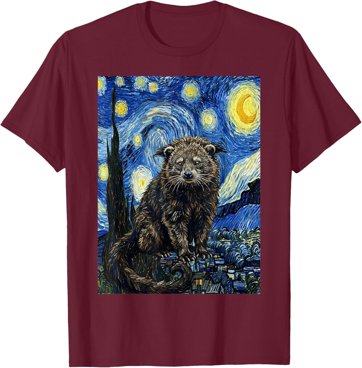 Binturong Bearcat Van Gogh Starry Night Art T-Shirt - T-Shirt | Maroon