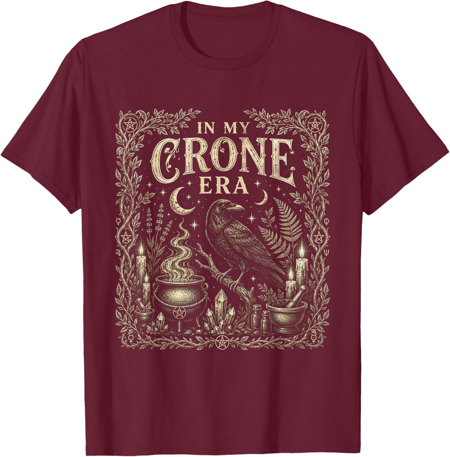 in My Crone Era Witchy Raven Cauldron Goth Witch T-Shirt - T-Shirt | Maroon