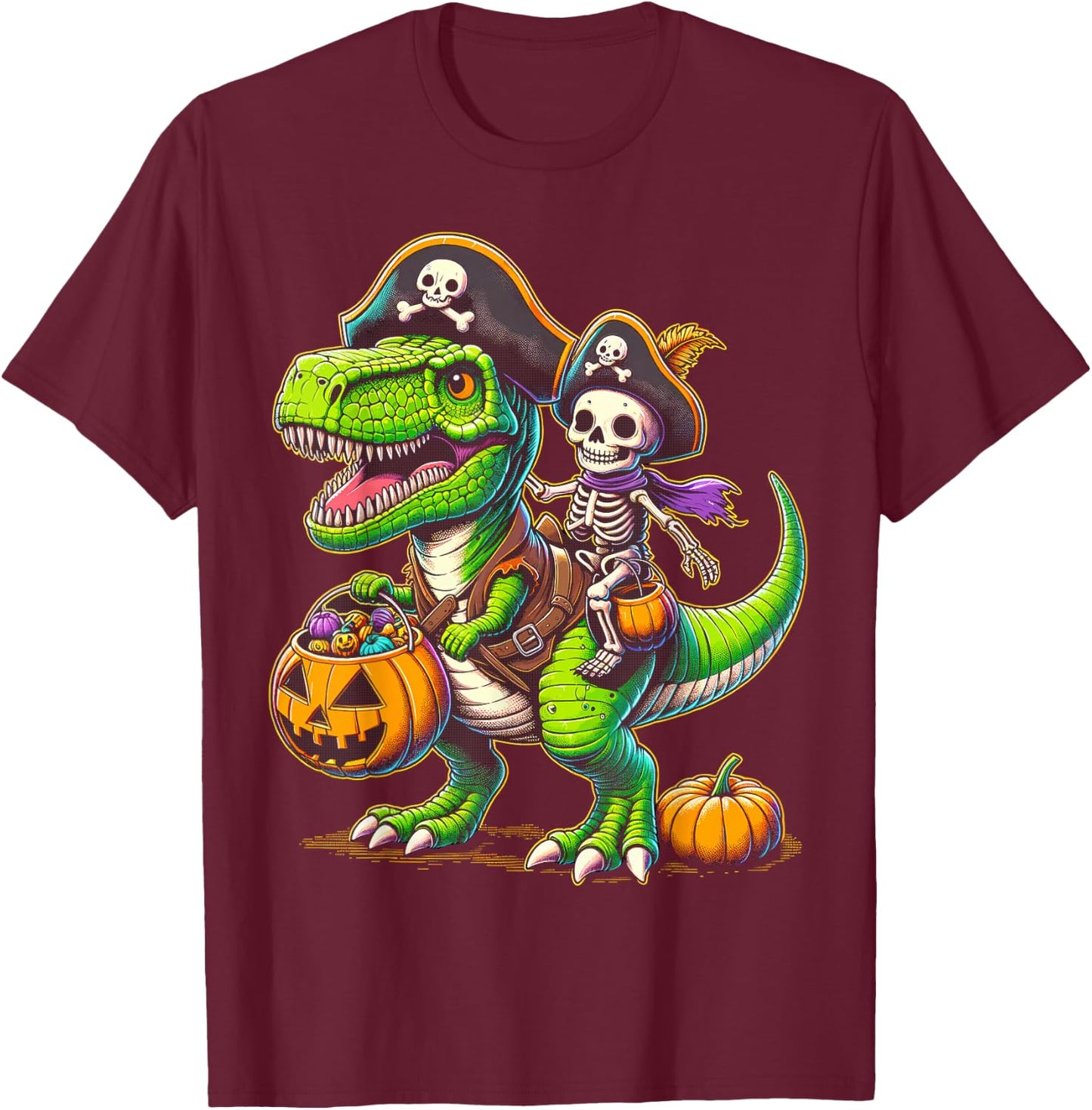 Halloween Funny T Rex Dinosaur Pirate Boys Trick Treat T-Shirt - T-Shirt | Maroon