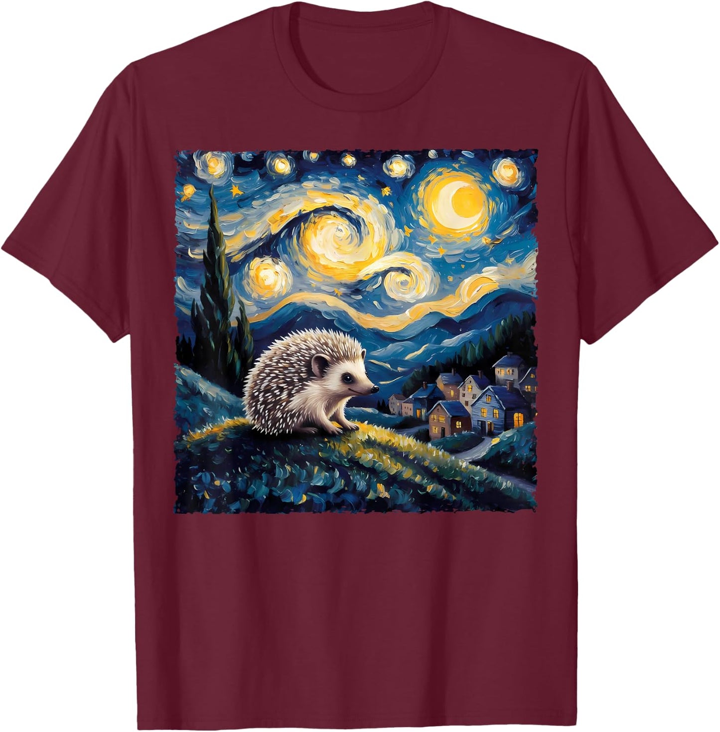 Van Gogh Style Funny Hedgehog Lover Starry Night Painting T-Shirt - T-Shirt | Maroon