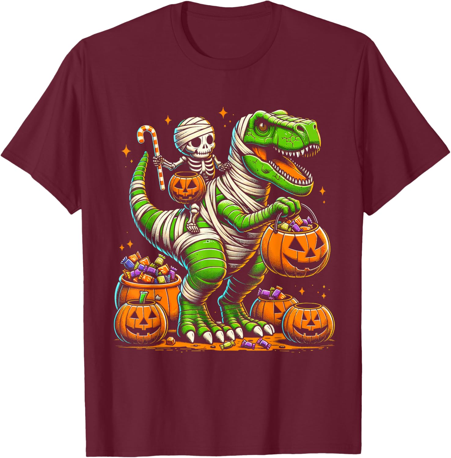 Halloween Funny T Rex Dinosaur Mummy Boys Trick Treat T-Shirt - T-Shirt | Maroon
