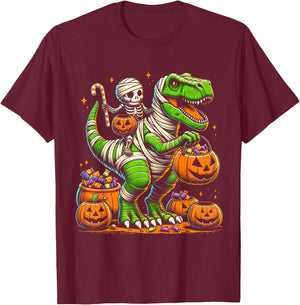 Halloween Funny T Rex Dinosaur Mummy Boys Trick Treat T-Shirt - T-Shirt | Maroon