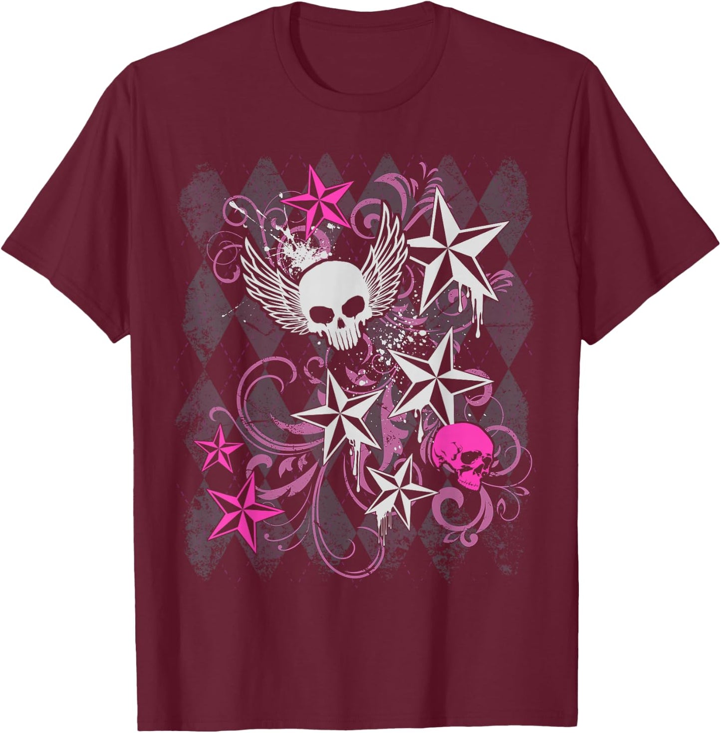 Y2k Grunge with Skull Wings Star Hot Pink 2000s Emo Teen T-Shirt - T-Shirt | Maroon