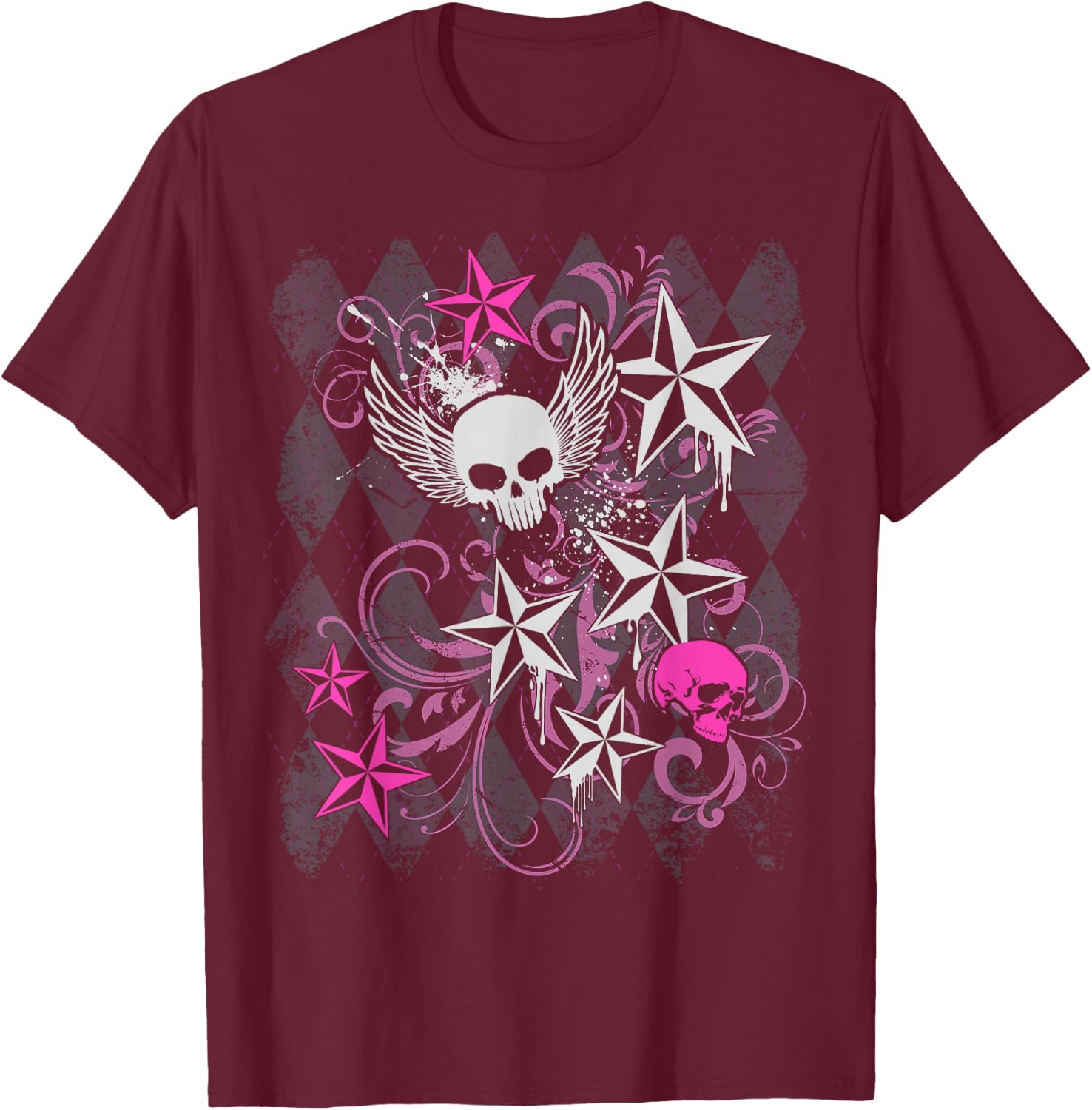 Y2k Grunge with Skull Wings Star Hot Pink 2000s Emo Teen T-Shirt - T-Shirt | Maroon