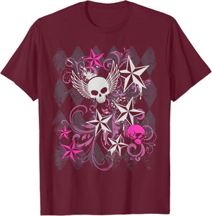 Y2k Grunge with Skull Wings Star Hot Pink 2000s Emo Teen T-Shirt - T-Shirt | Maroon