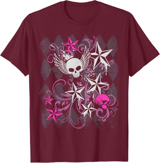 Y2k Grunge with Skull Wings Star Hot Pink 2000s Emo Teen T-Shirt - T-Shirt | Maroon