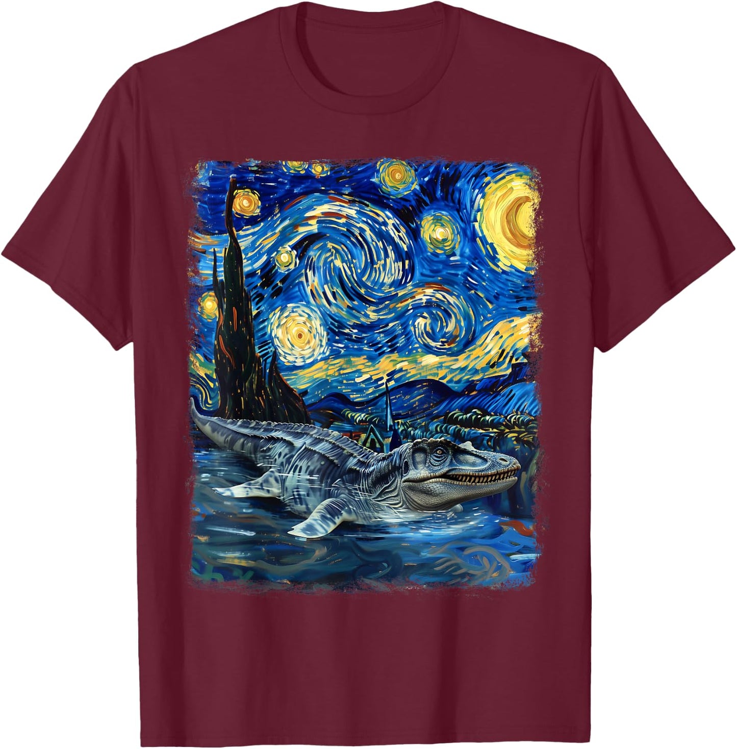 Mosasaurus Dinosaur Starry Night Painting T-Shirt - T-Shirt | Maroon