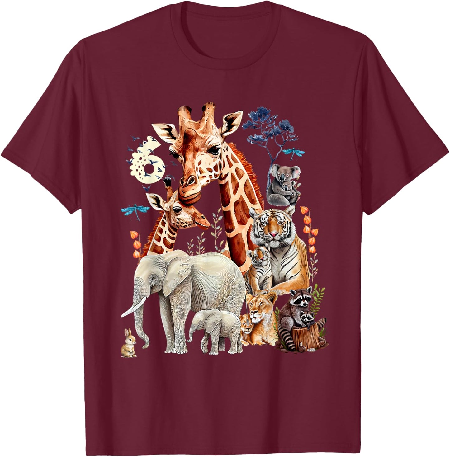 Kids 6 Years Old Zoo Birthday Safari Jungle Animal 6th B-Day , black T-Shirt - T-Shirt | Maroon