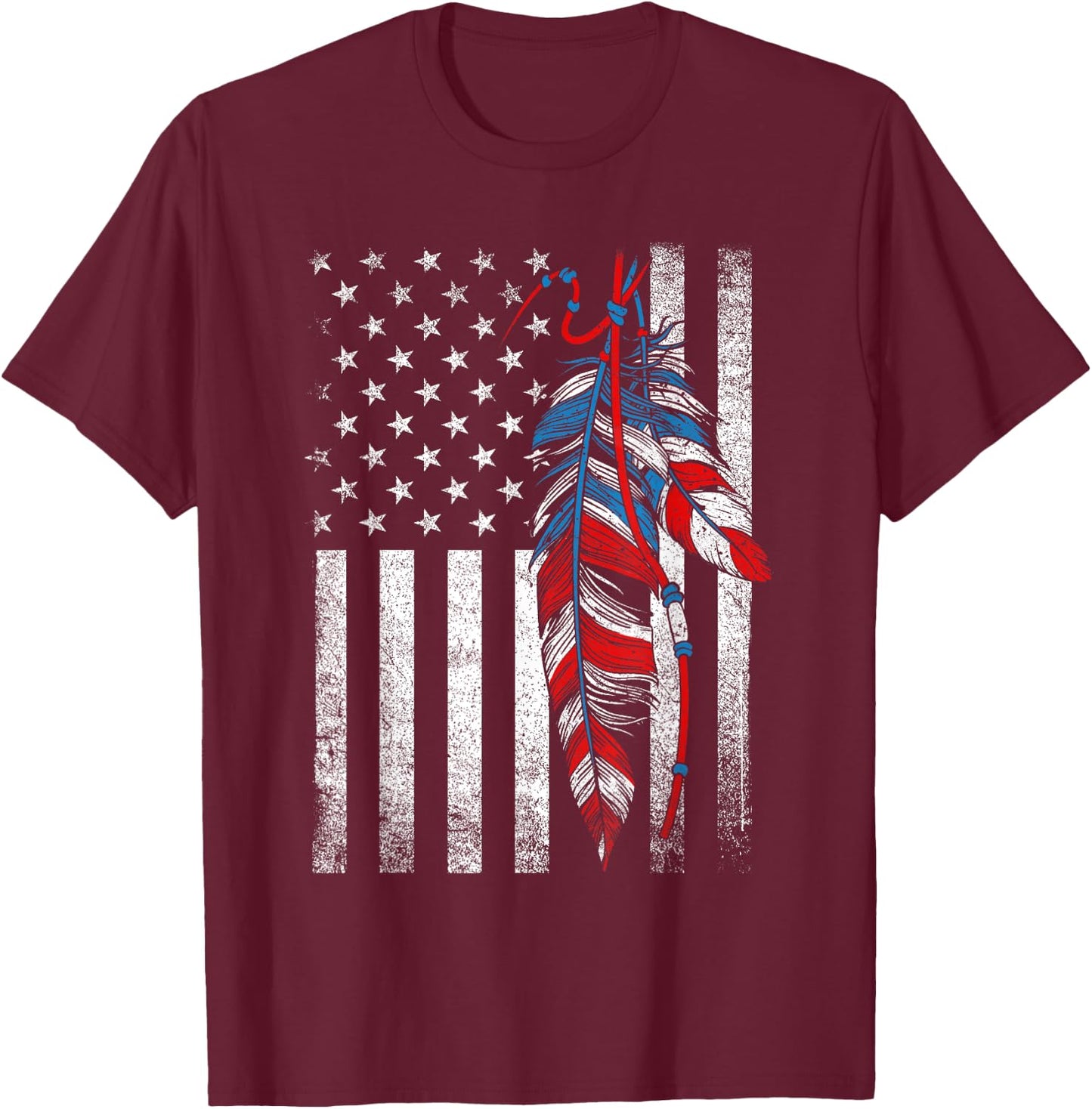 American Flag - Native Feather Pride Month Indigenous T-Shirt - T-Shirt | Maroon