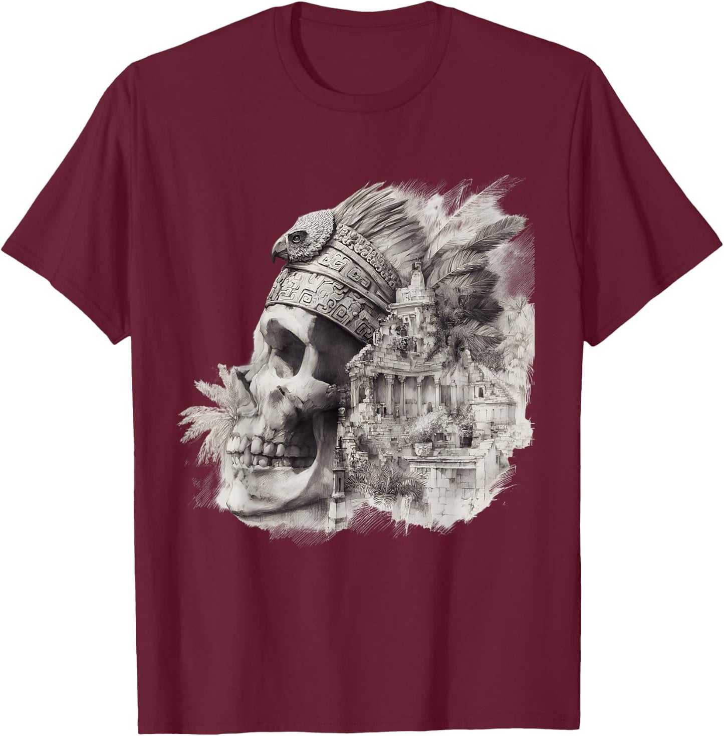 Mexican Maya Aztec Skull Native Maya Feathers Azteca T-Shirt - T-Shirt | Maroon