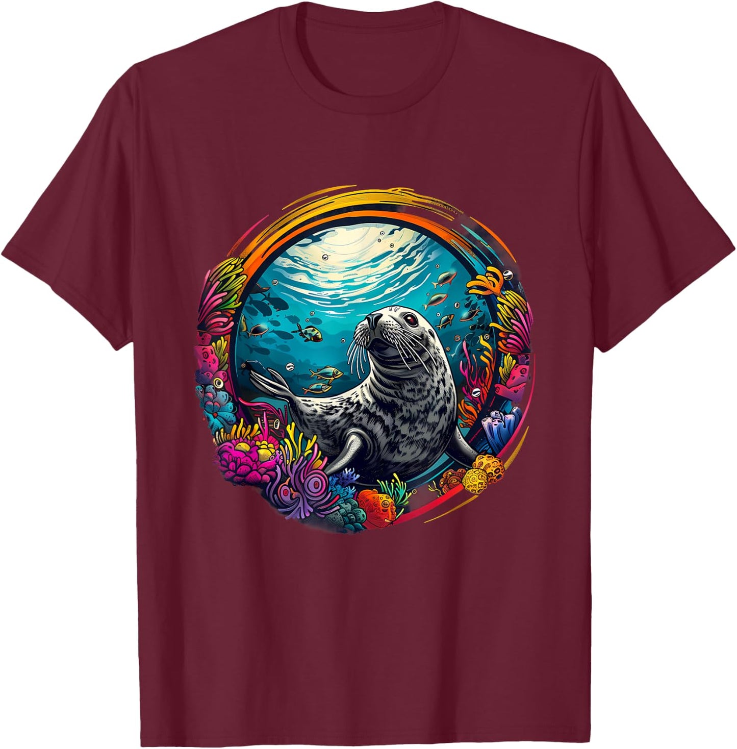 Seal Sea Ocean Seal Marine Mammal Ocean Sea Animal Artwork T-Shirt - T-Shirt | Maroon