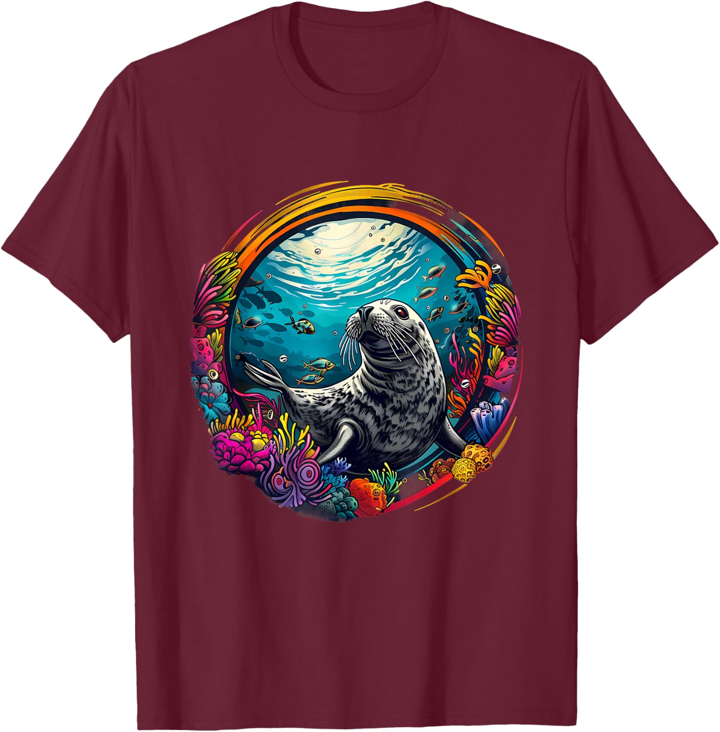 Seal Sea Ocean Seal Marine Mammal Ocean Sea Animal Artwork T-Shirt - T-Shirt | Maroon