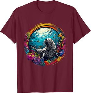 Seal Sea Ocean Seal Marine Mammal Ocean Sea Animal Artwork T-Shirt - T-Shirt | Maroon