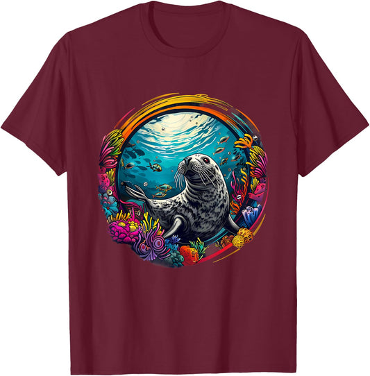 Seal Sea Ocean Seal Marine Mammal Ocean Sea Animal Artwork T-Shirt - T-Shirt | Maroon