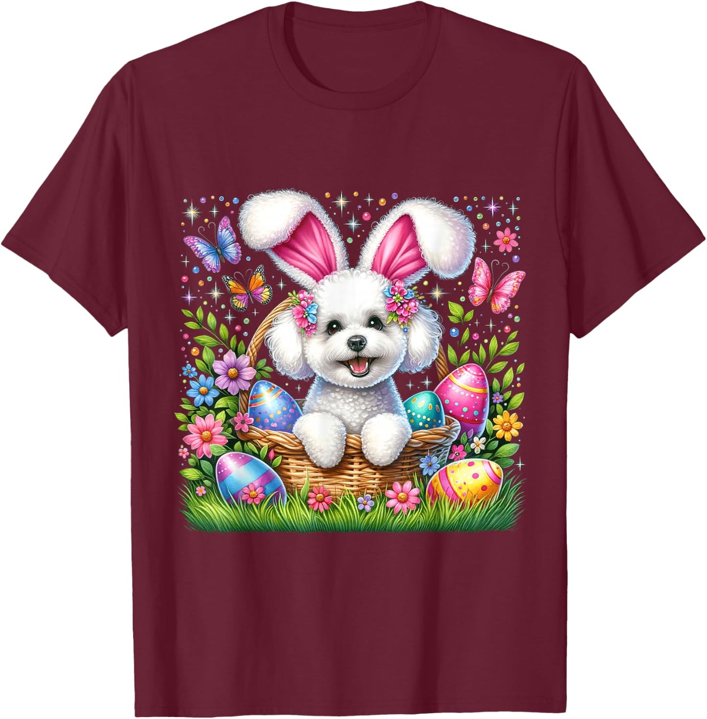 Cute Bunny Bichon Frise Dog Easter Eggs Basket Easter Day T-Shirt - T-Shirt | Maroon
