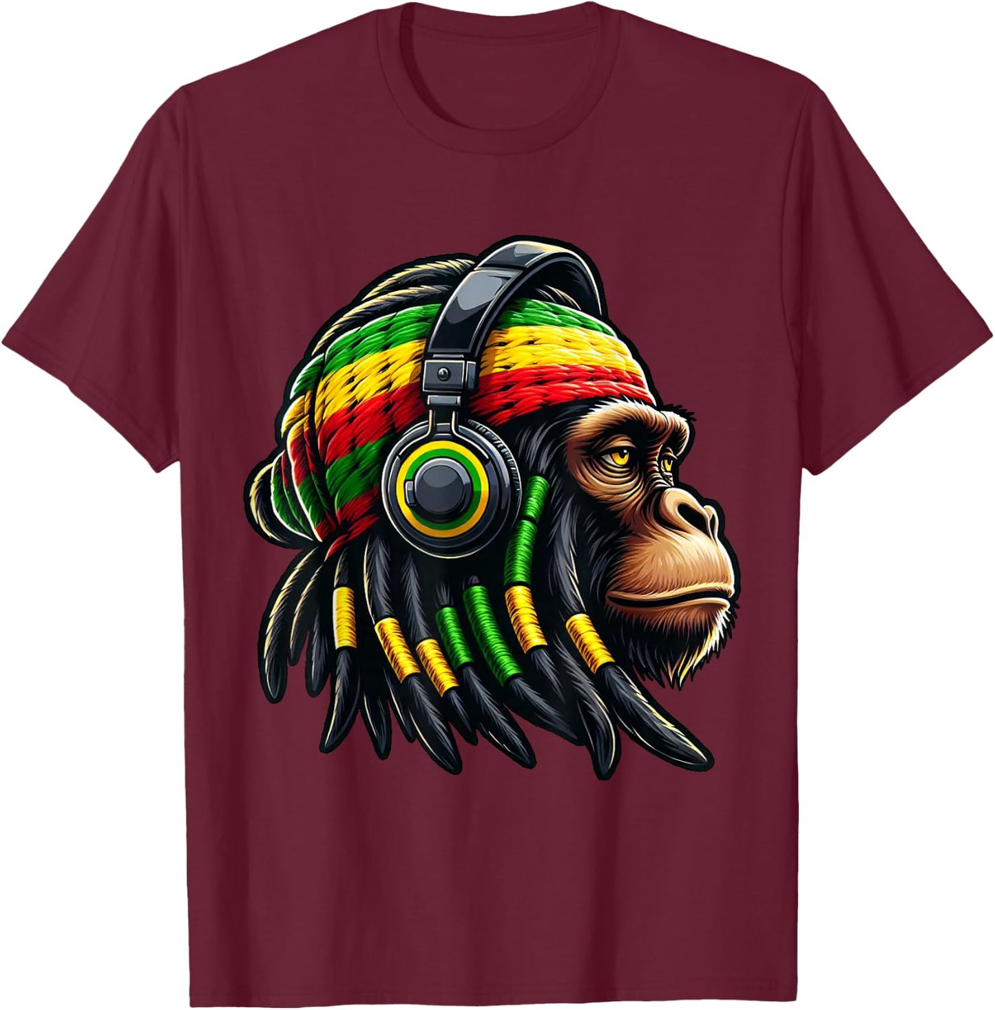 Jamaica Roots Reggae Chimpanzee Headphones Rastafari Monkey , black T-Shirt - T-Shirt | Maroon