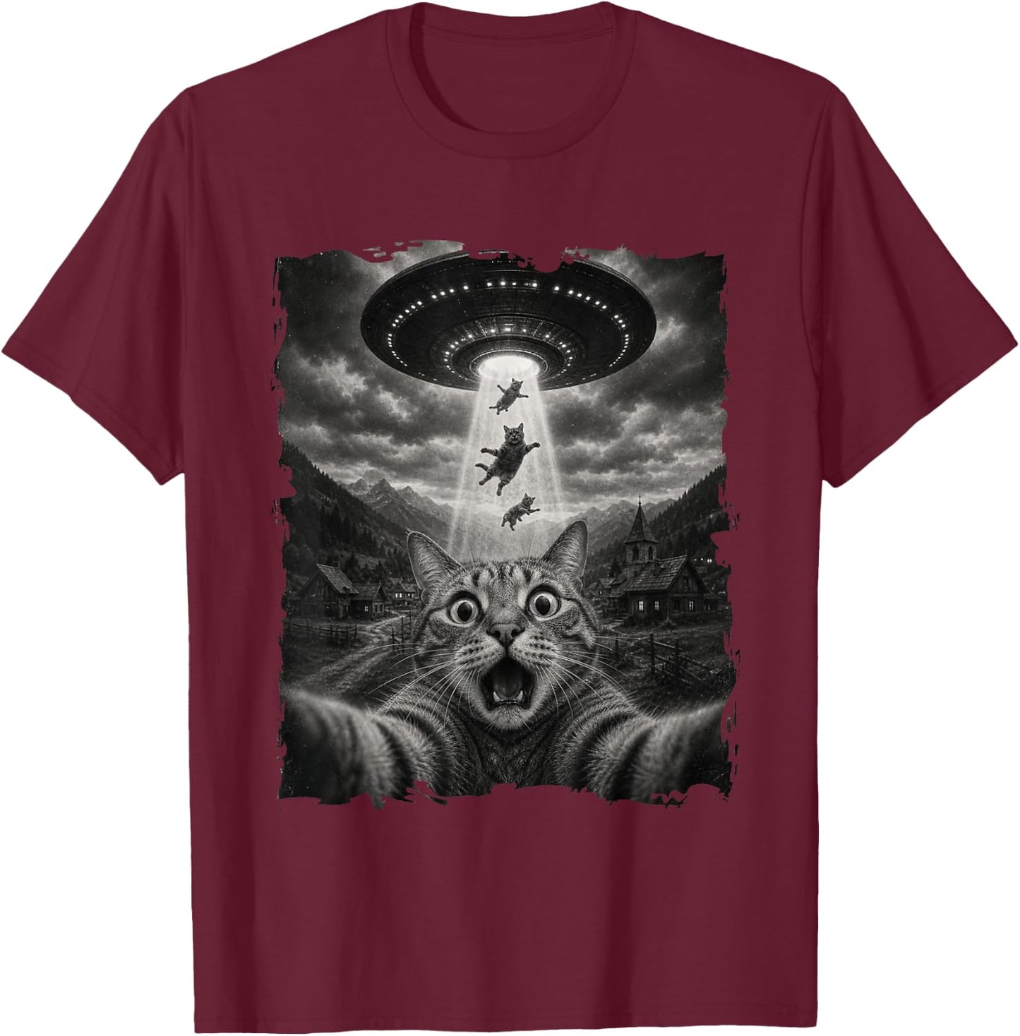 Funny Cat Seflie with Alien UFO Abduction Space Cat Meme T-Shirt - T-Shirt | Maroon