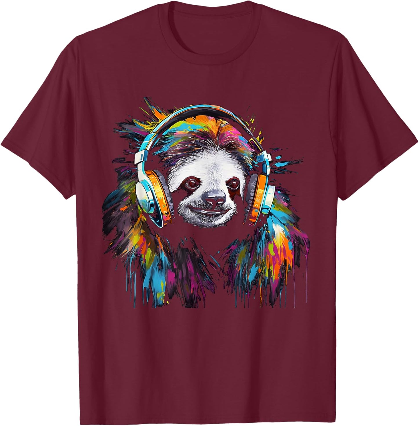 Sloth Artwork Music Animal Headphones Colourful Sloth T-Shirt - T-Shirt | Maroon