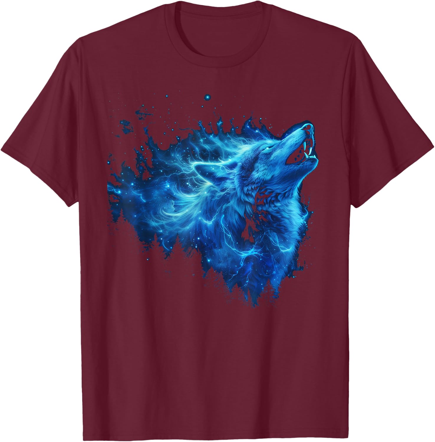 Galaxy Wolf Howling Graphic Electrical Blue Wolf Lovers T-Shirt - T-Shirt | Maroon