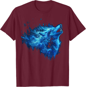 Galaxy Wolf Howling Graphic Electrical Blue Wolf Lovers T-Shirt - T-Shirt | Maroon