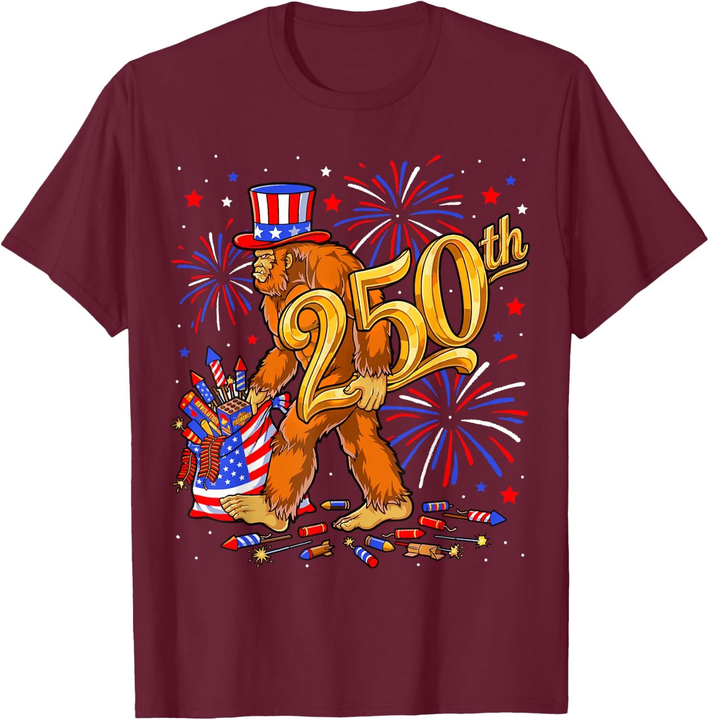 usa250 Bigfoot celebriting 250th Anniversary 4th of July T-Shirt - T-Shirt | Maroon