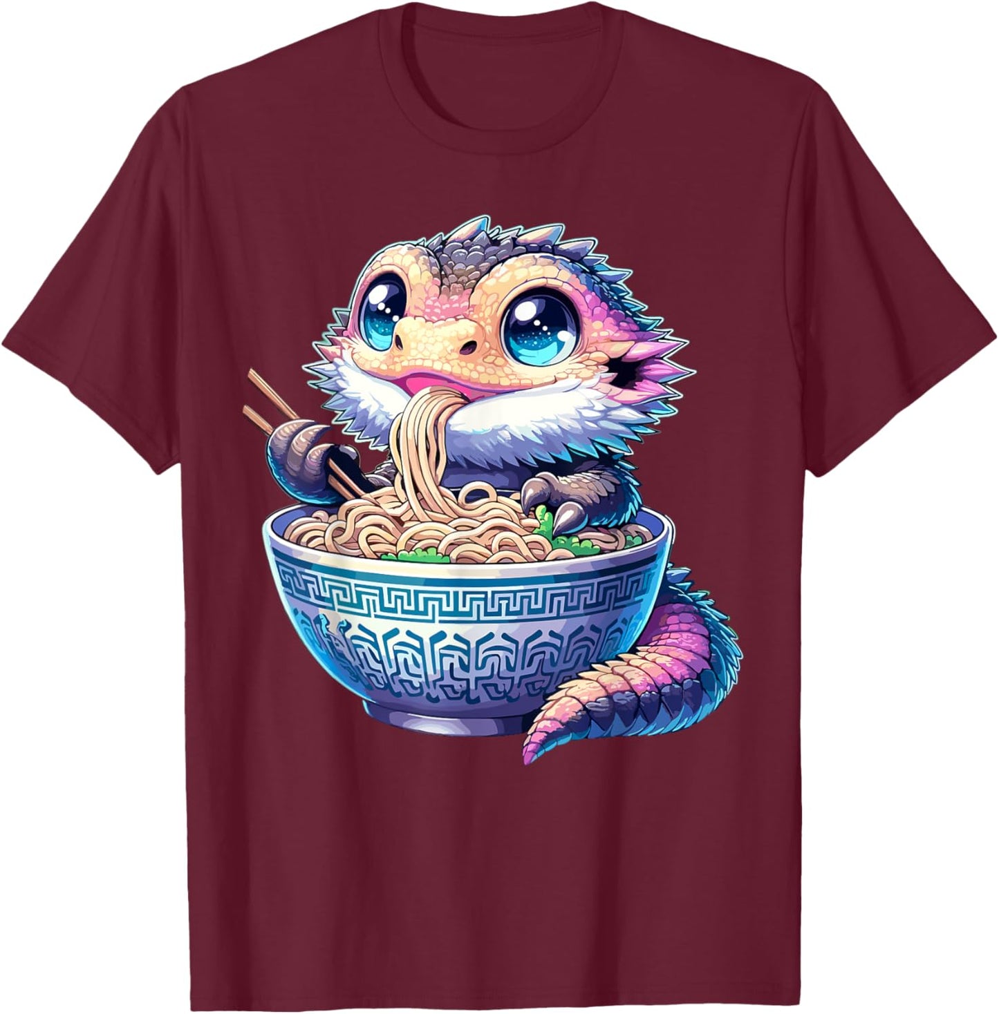 Kawaii Bearded Dragon Eating Ramen Noodles Bearded Dragon T-Shirt - T-Shirt | Maroon