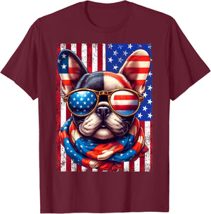 French Bulldog USA Flag Sunglasses 4th of July Patriotic Dog T-Shirt - T-Shirt | Maroon