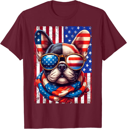 French Bulldog USA Flag Sunglasses 4th of July Patriotic Dog T-Shirt - T-Shirt | Maroon