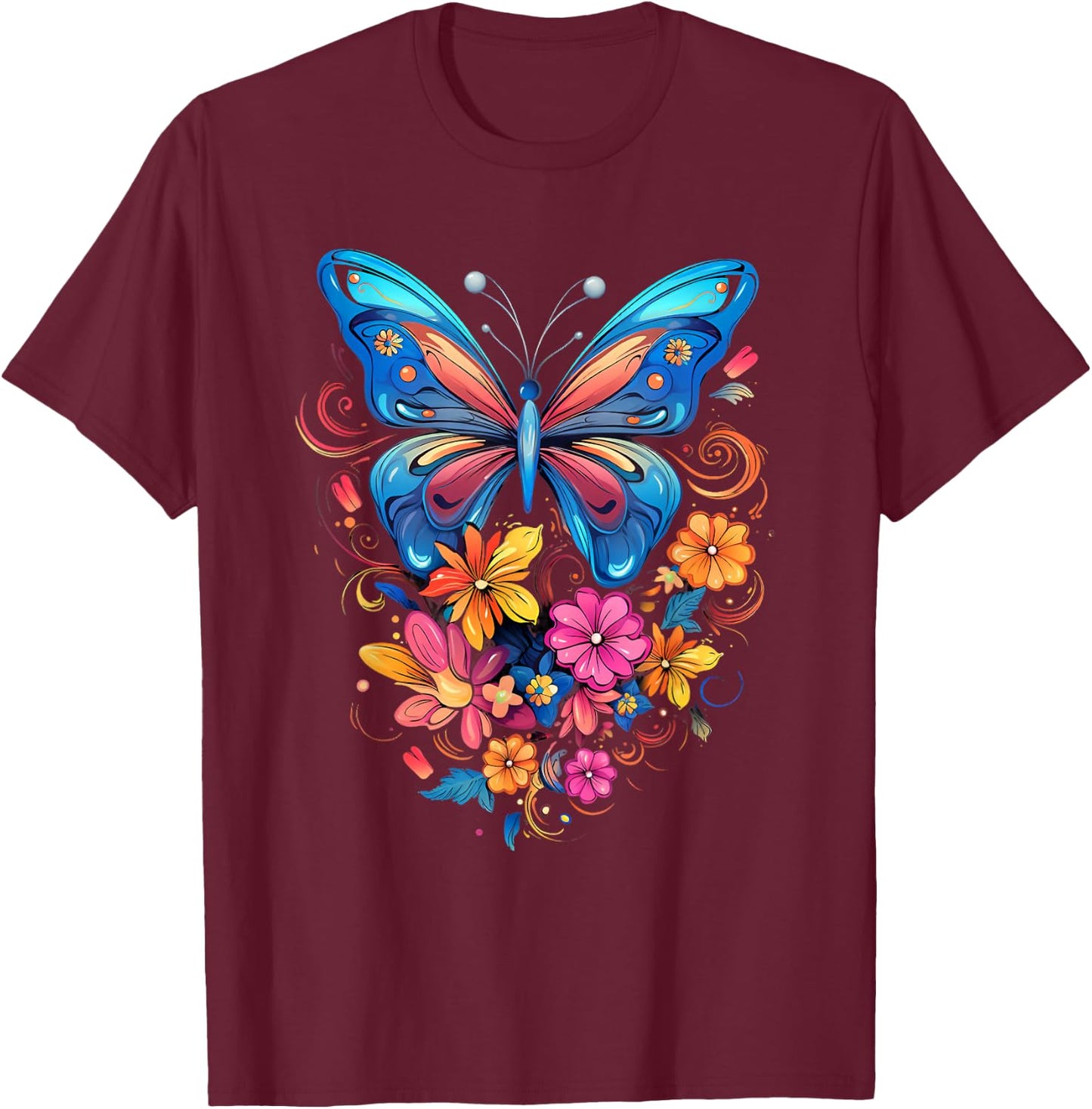 Butterfly with Flowers I Aesthetic Butterfly T-Shirt - T-Shirt | Maroon