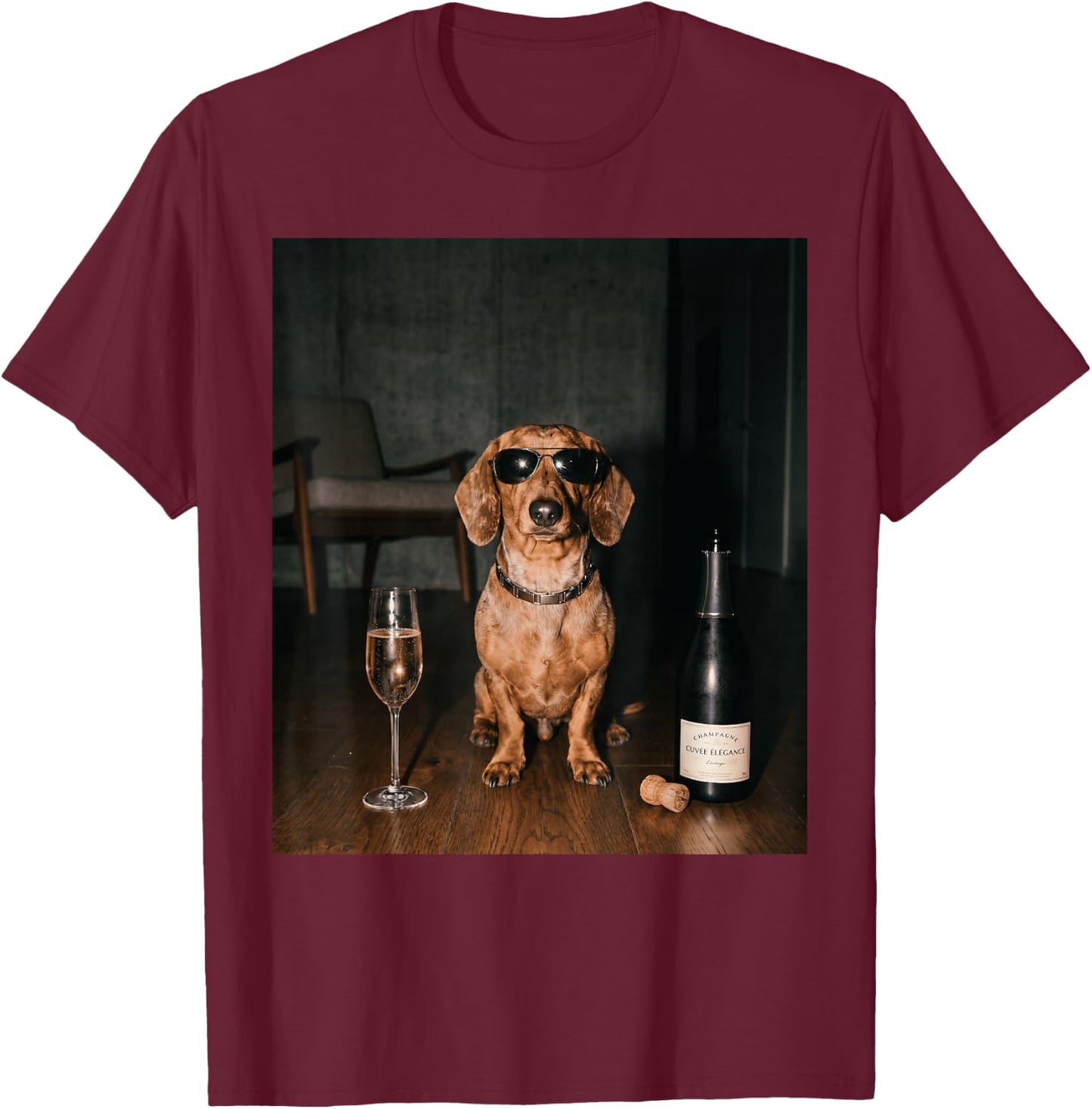 Dachshund Drinking Champagne Funny Fathers Day T-Shirt - T-Shirt | Maroon