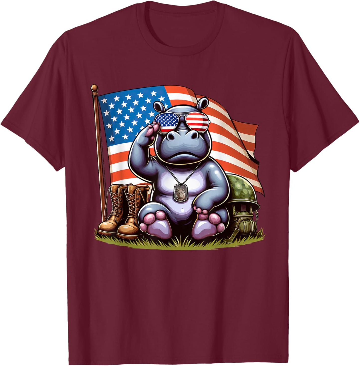 Salute Hippo American USA Flag Memorial Day 4th of July T-Shirt - T-Shirt | Maroon