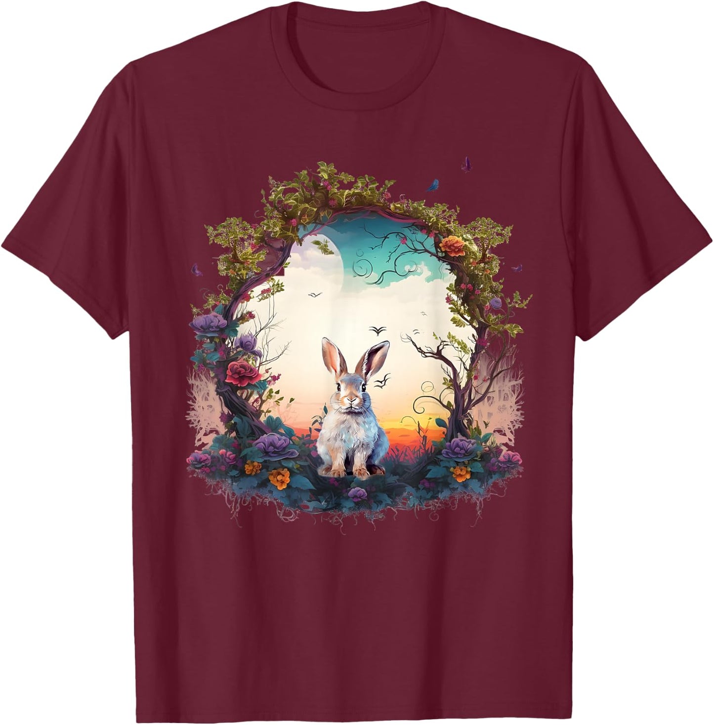 Mountain Woodland Animals Cute Rabbit Nature Floral T-Shirt - T-Shirt | Maroon