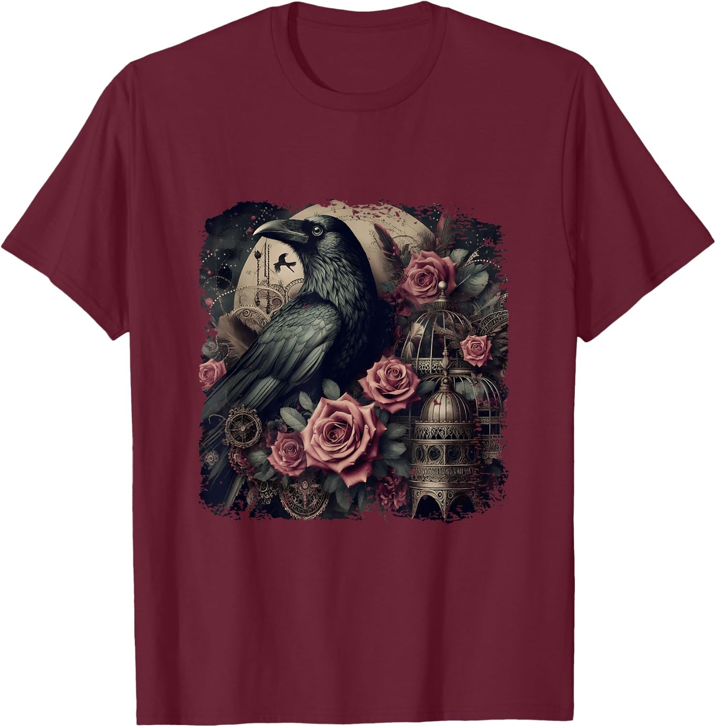 Gothic Raven Rose Enchanted Vintage Floral Crow Halloween T-Shirt - T-Shirt | Maroon