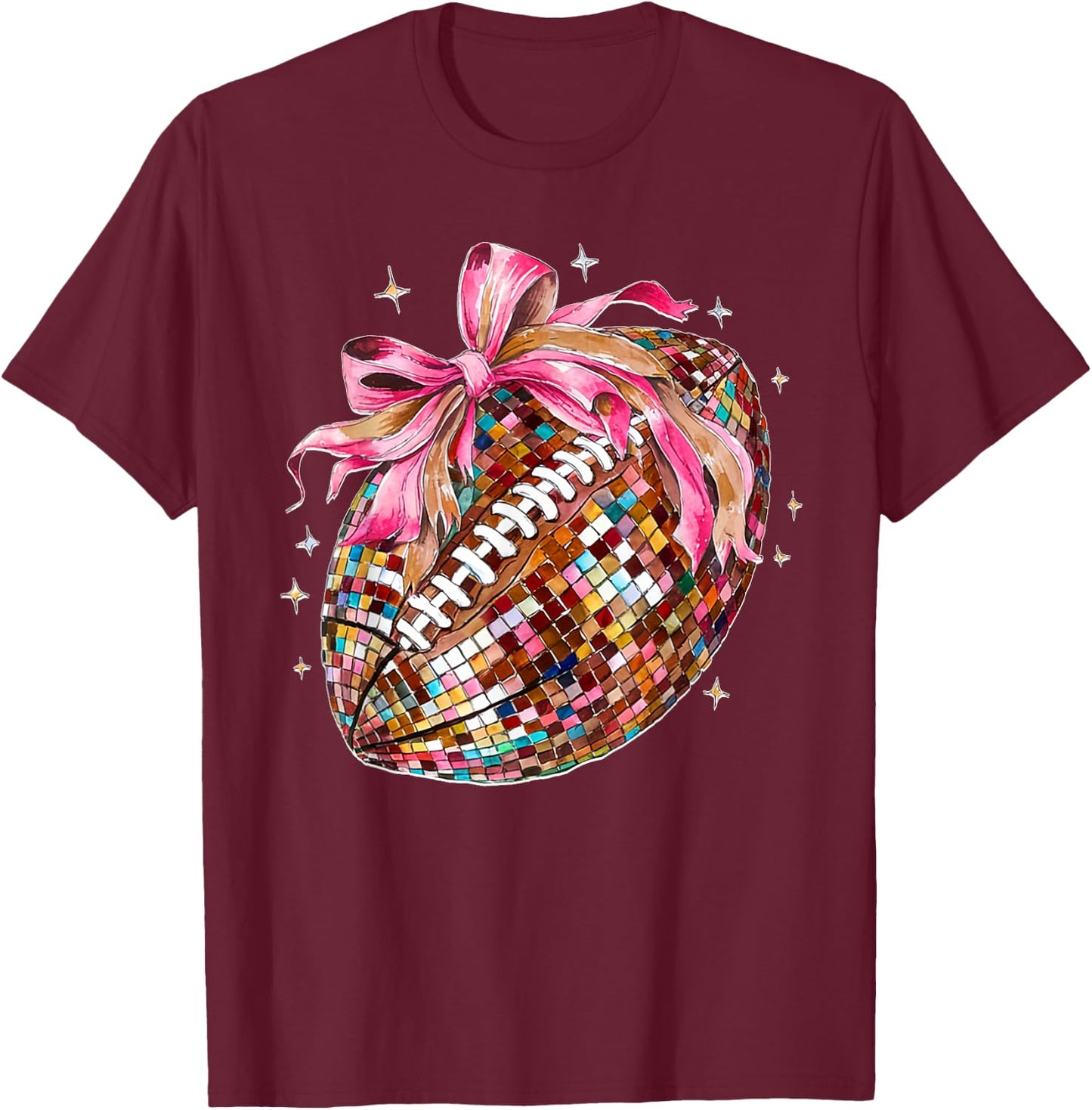 Coquette Bow Disco Funny Football Game Day Touchdown Season T-Shirt - T-Shirt | Maroon