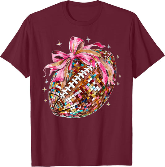 Coquette Bow Disco Funny Football Game Day Touchdown Season T-Shirt - T-Shirt | Maroon