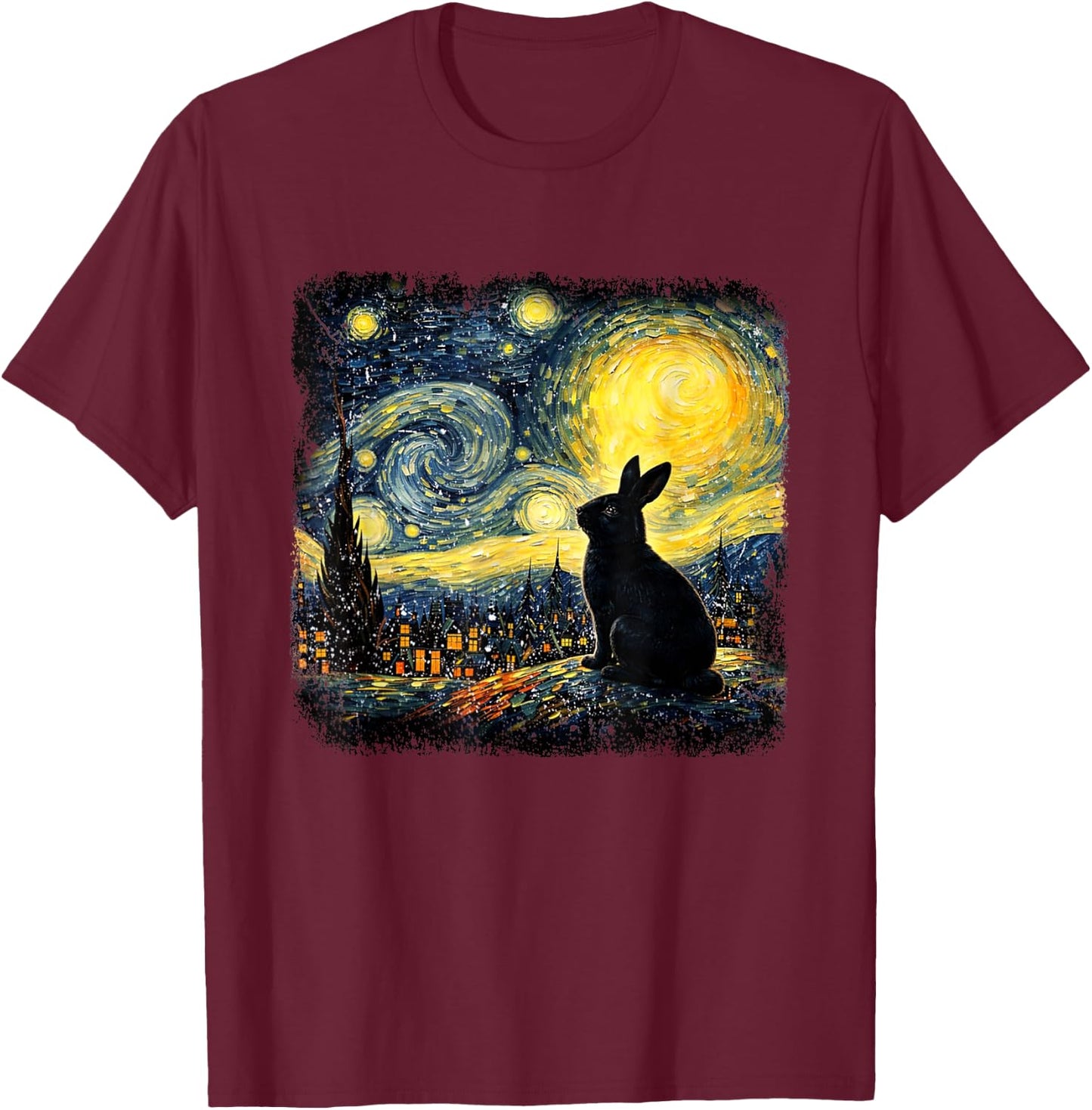 Rabbit Starry Night Van Gogh Bunny for Rabbit Lovers Bunny T-Shirt - T-Shirt | Maroon