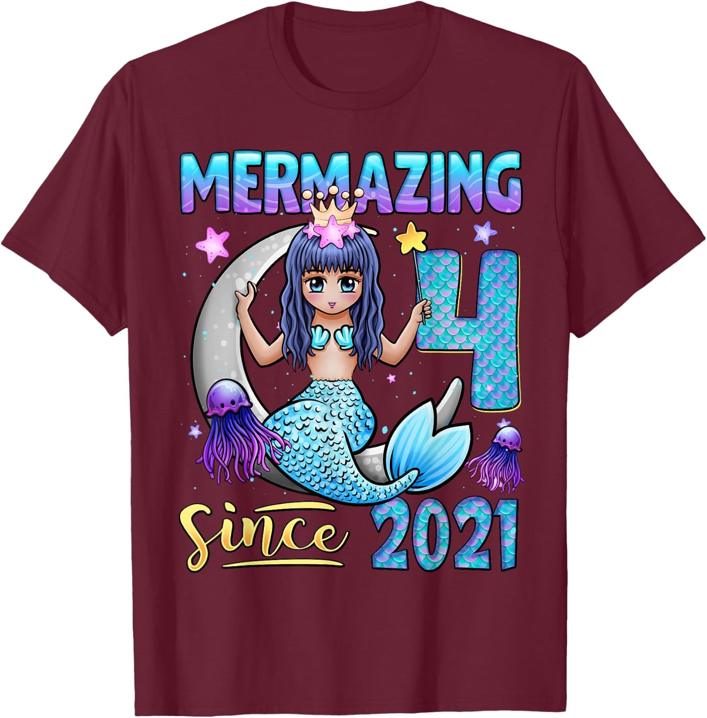 Mermaid Birthday Shirt 4 Years Old Mermaid 4th Birthday Girl T-Shirt - T-Shirt | Maroon