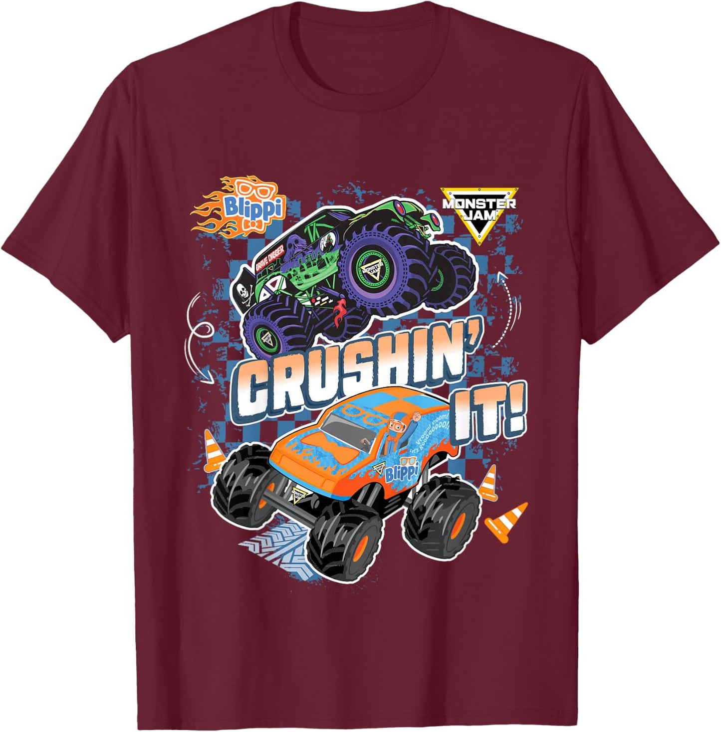 Kids Blippi Grave Digger Crushin' It T-Shirt - T-Shirt | Maroon