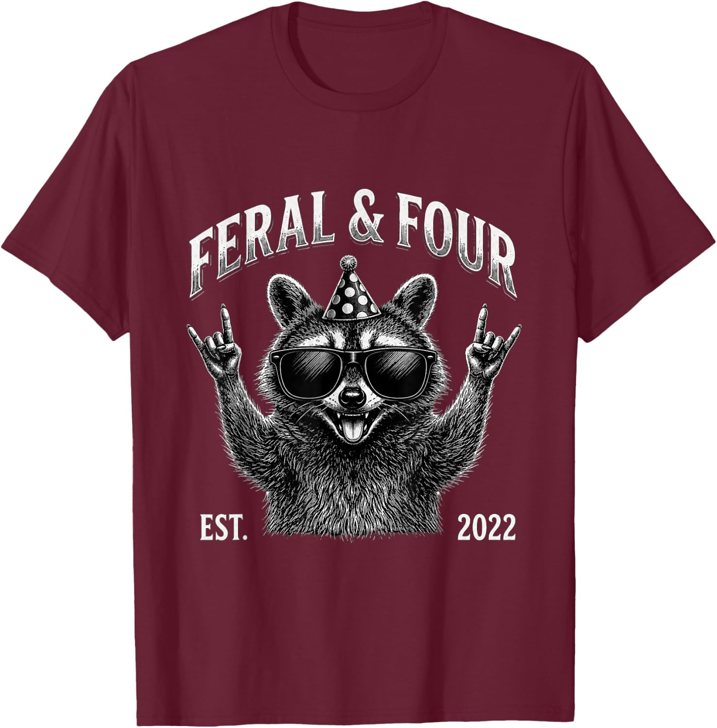 Funny Feral and Four Raccoon 4th Birthday Years Old Kid Boy T-Shirt - T-Shirt | Maroon