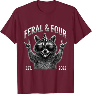 Funny Feral and Four Raccoon 4th Birthday Years Old Kid Boy T-Shirt - T-Shirt | Maroon