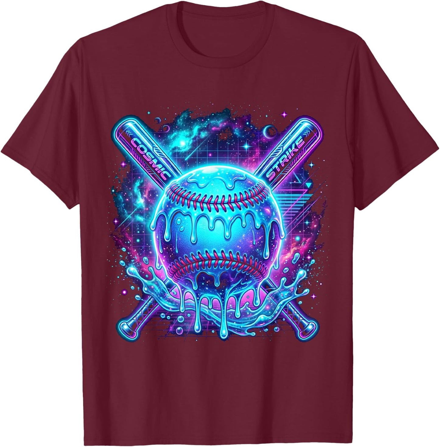Cosmic Drip Baseball Glow Graphic Blue Vaporwave Aesthetic T-Shirt - T-Shirt | Maroon